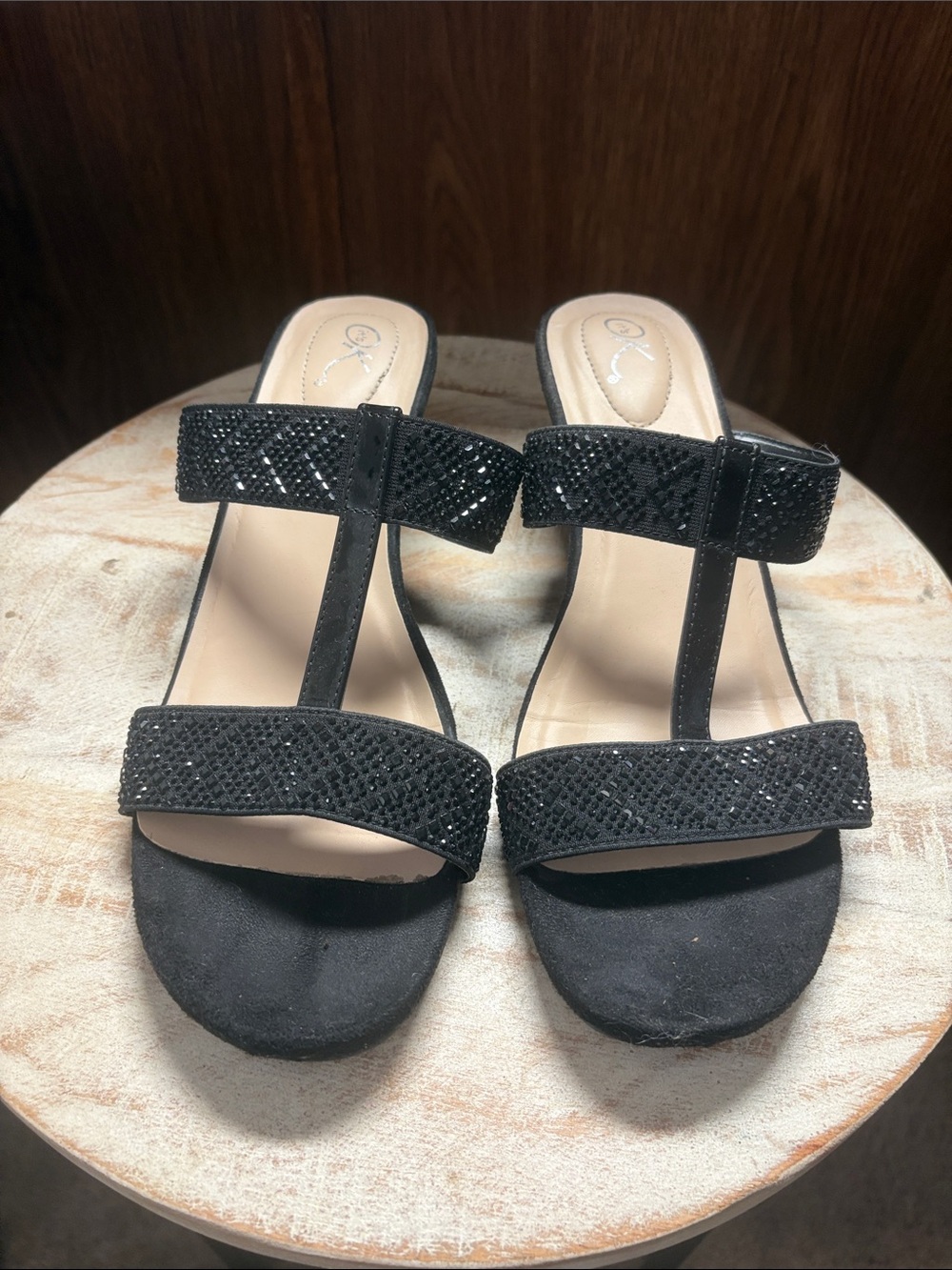 Black Sparkle T-Strap Heeled Sandals